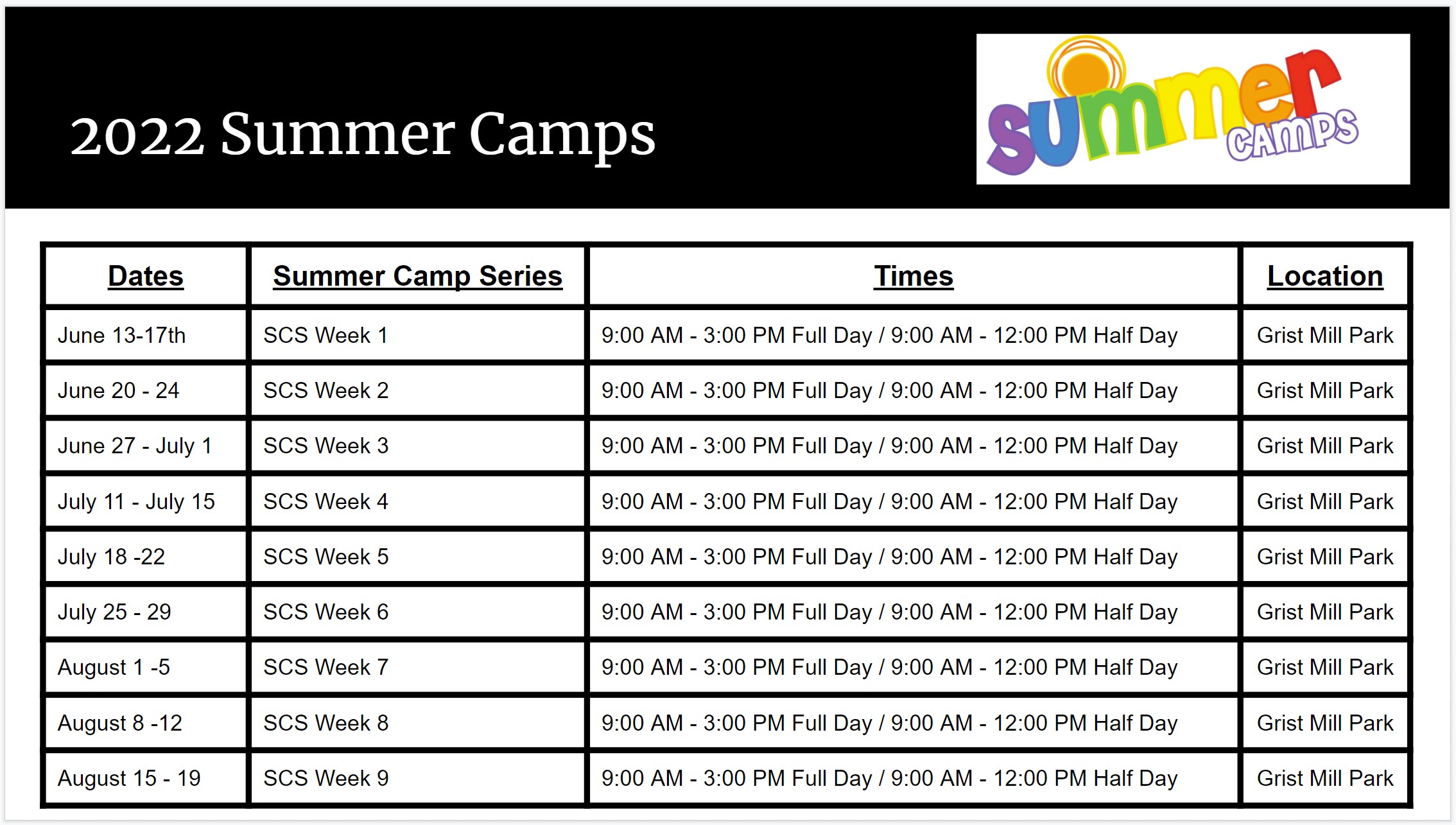 2022 Summer Camp Series Schedule v3